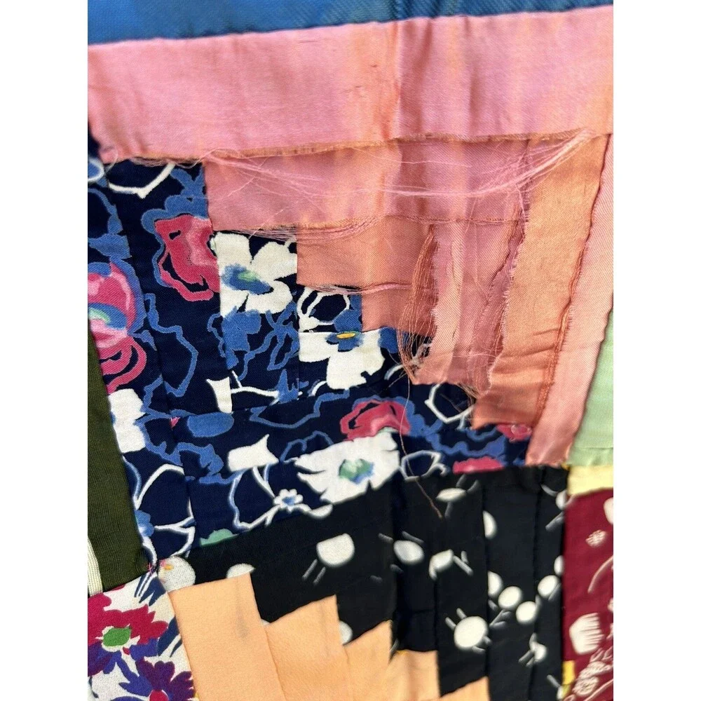 Antique Log Cabin In Rows Quilt Hand Pieced Hand Tied 1930s 40s Silk Rayon